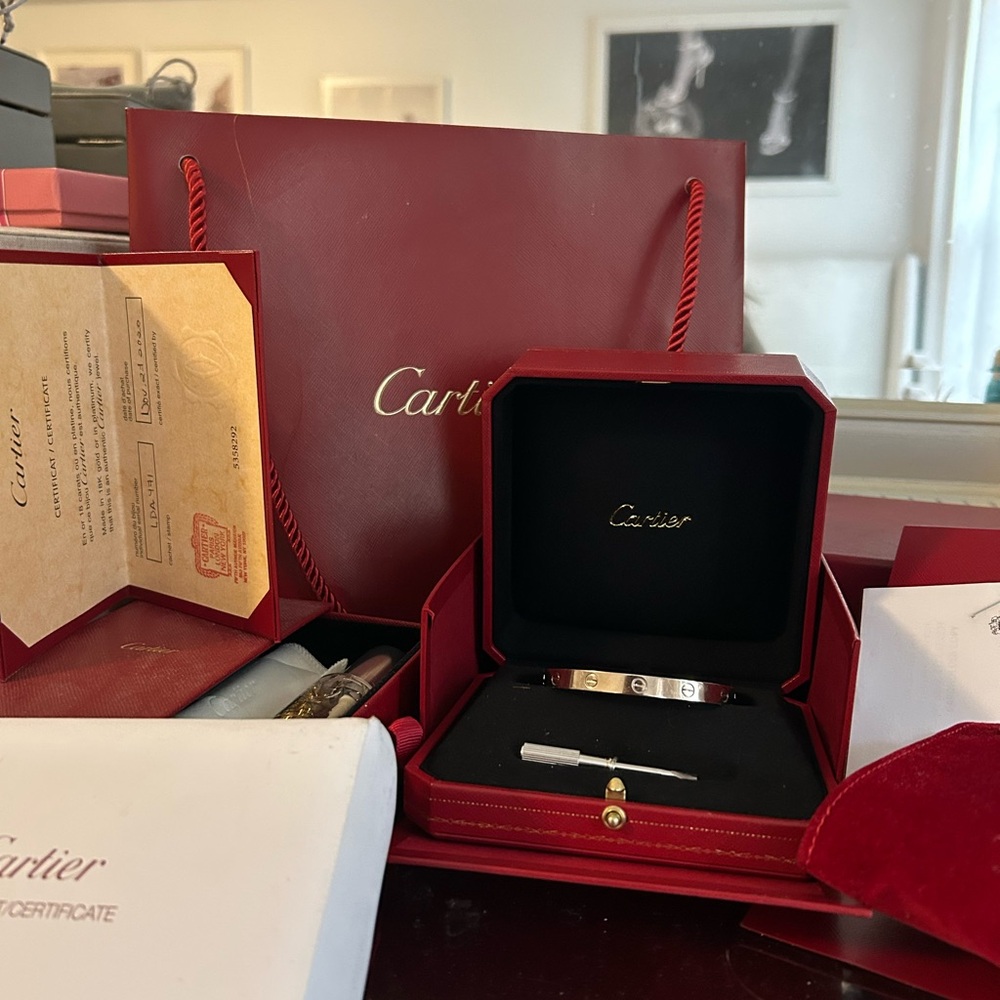 Cartier Love Bracelet – 18k White Gold, Size 17 – Full Set from 5th Ave NYC